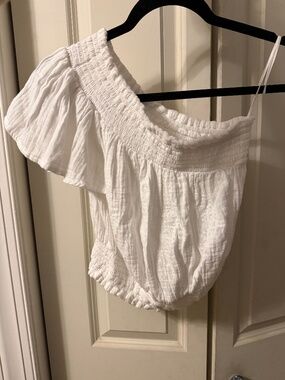 aerie White Cotton Gauze One Shoulder Ruffle Crop Top NWT Size XS